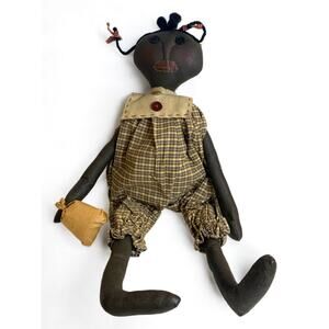 Primitive Style Reproduction Cloth Doll Girl Romper 21 Inch Pigtails